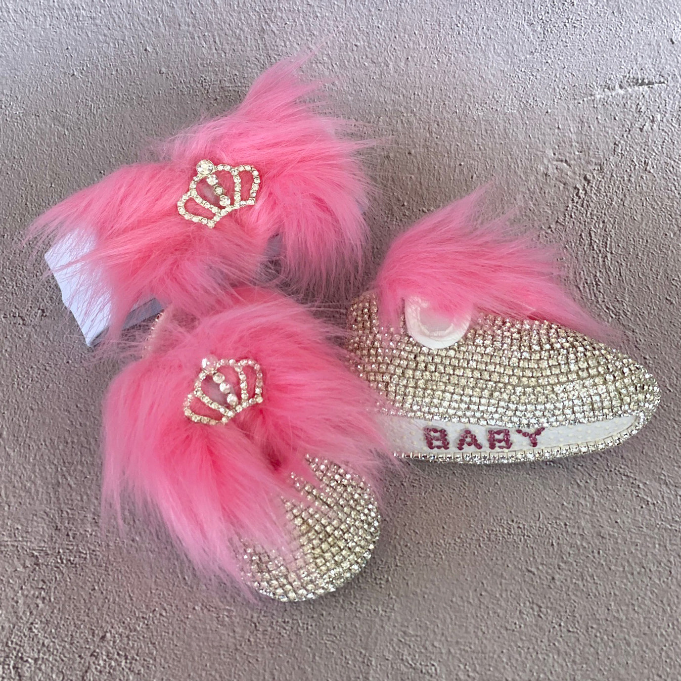 Faux Fur Babydoll Crystals Shoes and Headband