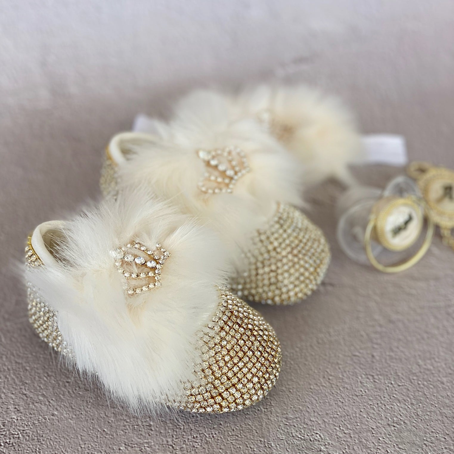 Faux Fur Babydoll Crystals Shoes and Headband