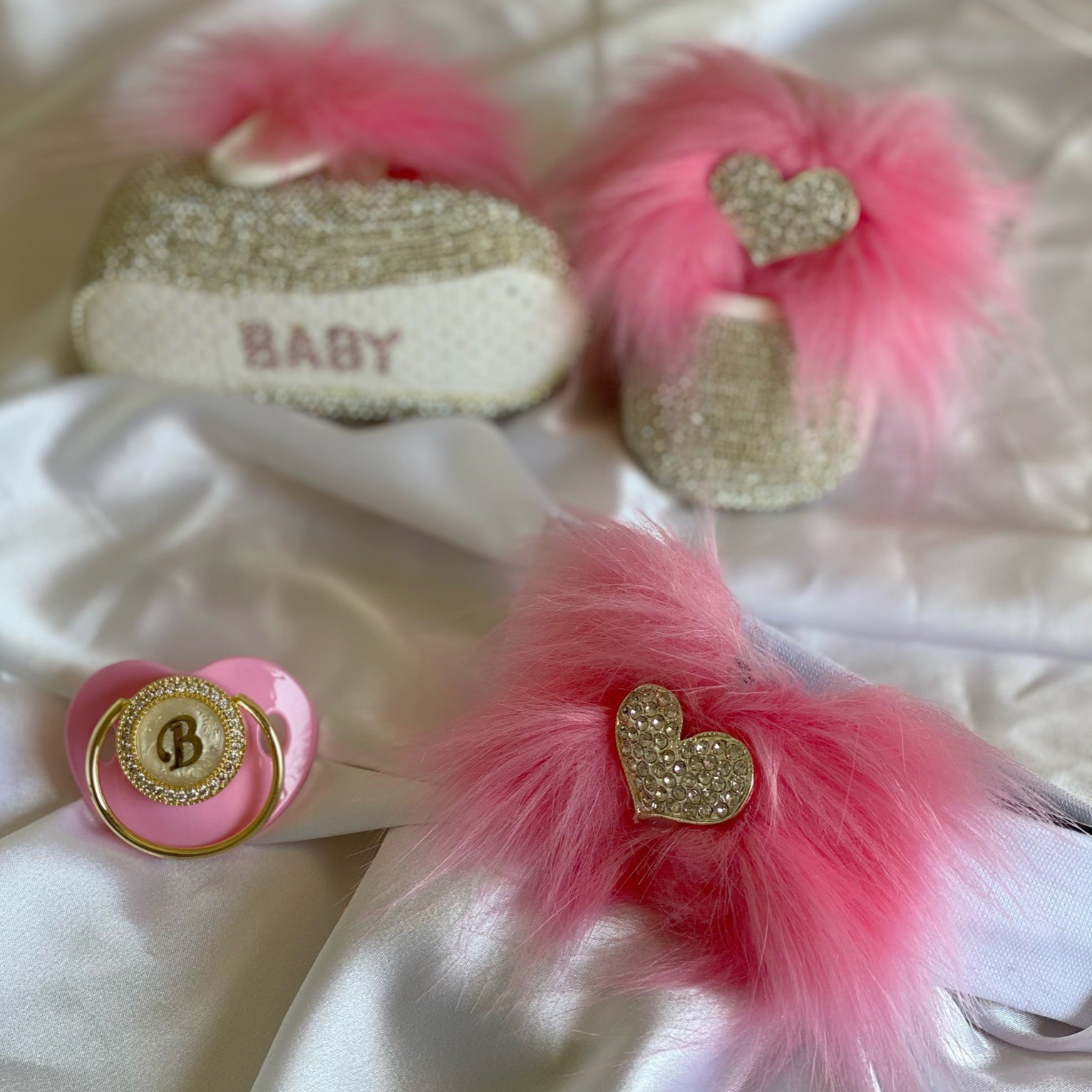 Crystal Heart Faux Fur Babydoll Shoes and Headband
