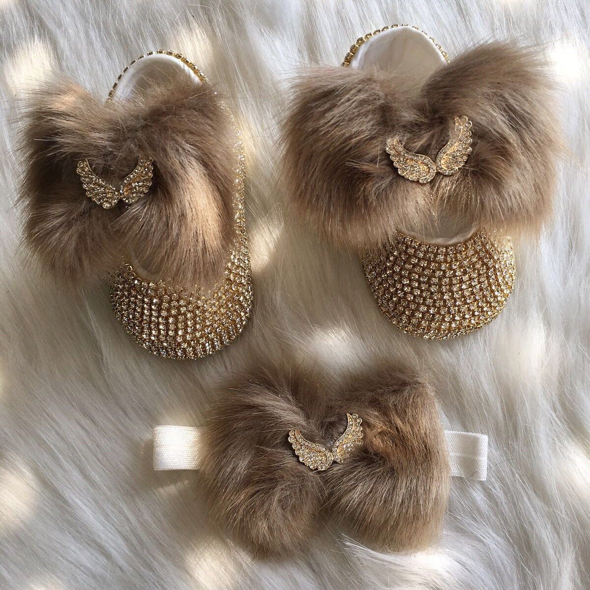 Faux Fur Babydoll Crystals Shoes And Headband