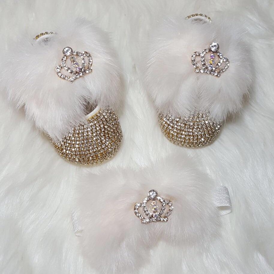 Faux Fur Babydoll Crystals Shoes And Headband
