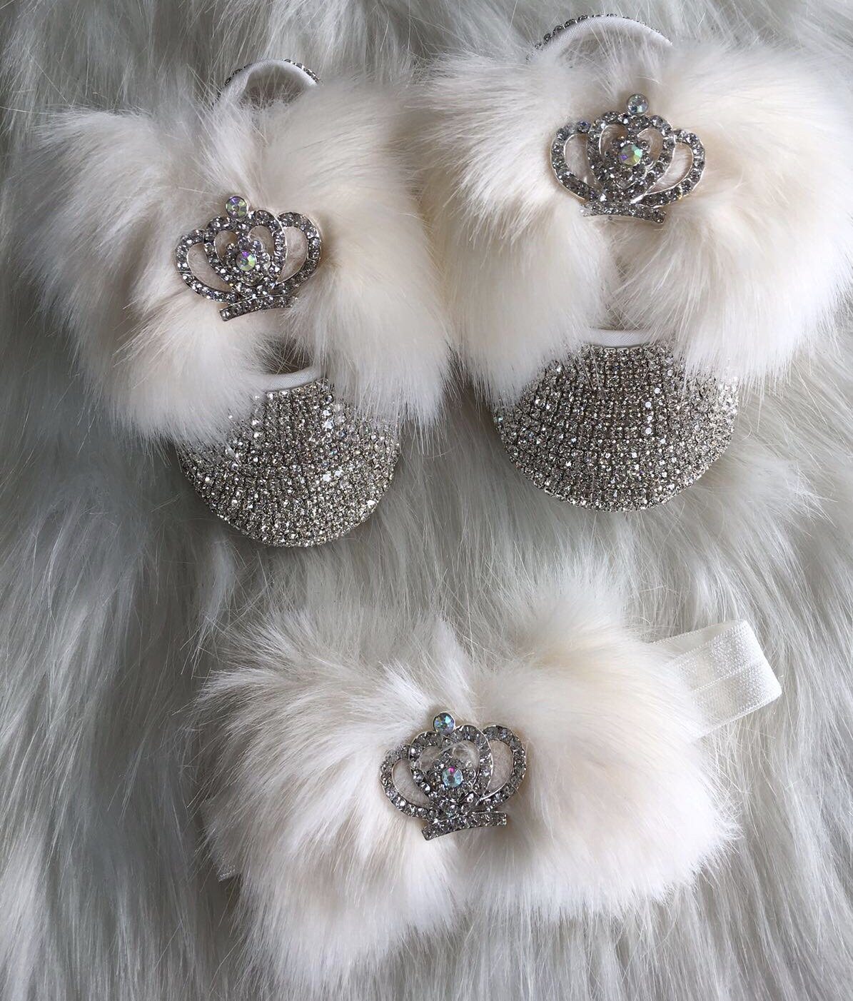 Faux Fur Babydoll Crystals Shoes And Headband