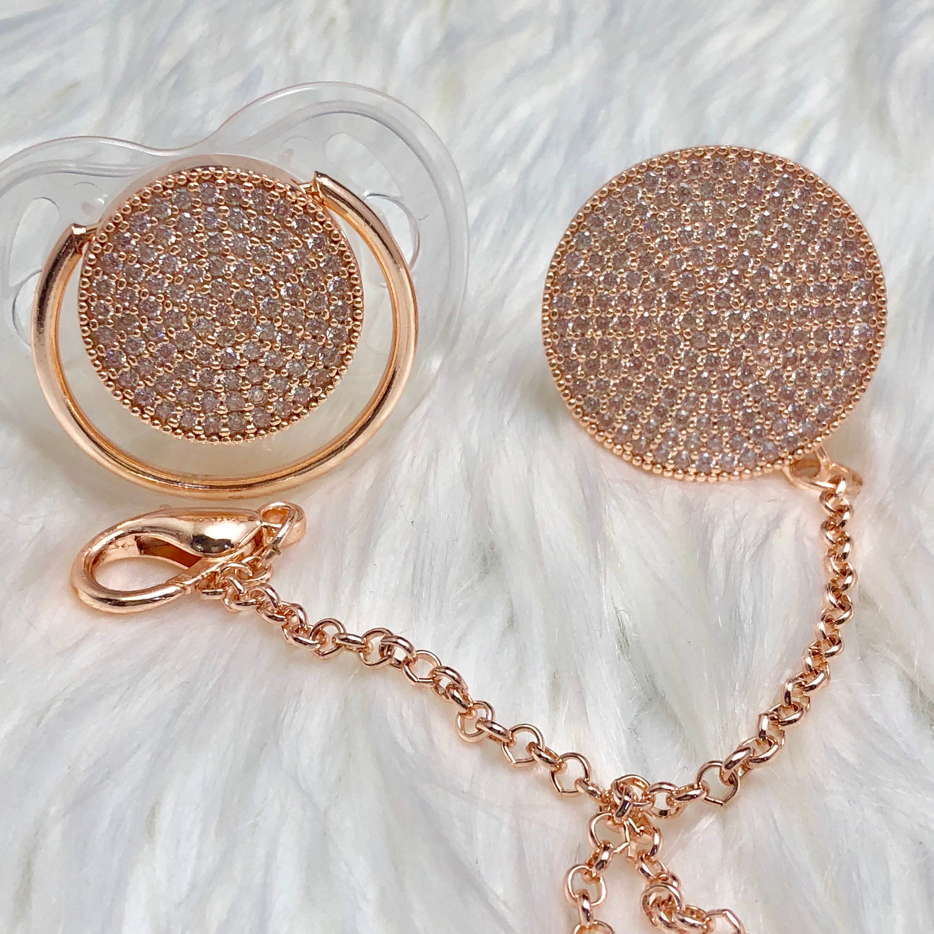 Rose Gold Bling Paci & Clip Set