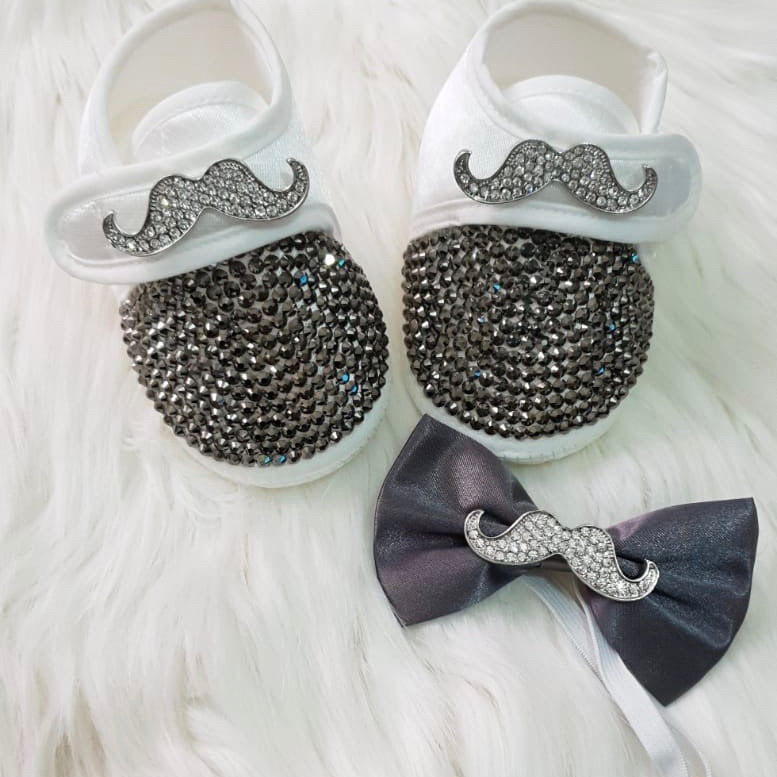 Crystals Mustache Baby Boy Shoes and Bow Tie