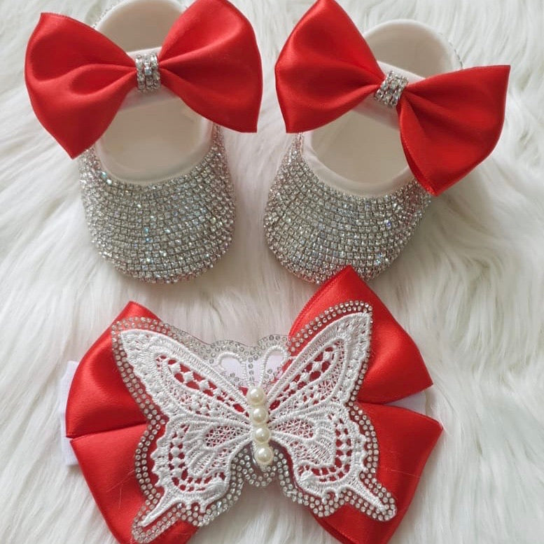 Butterfly Pearl Crystals Babydoll Shoes and Headband