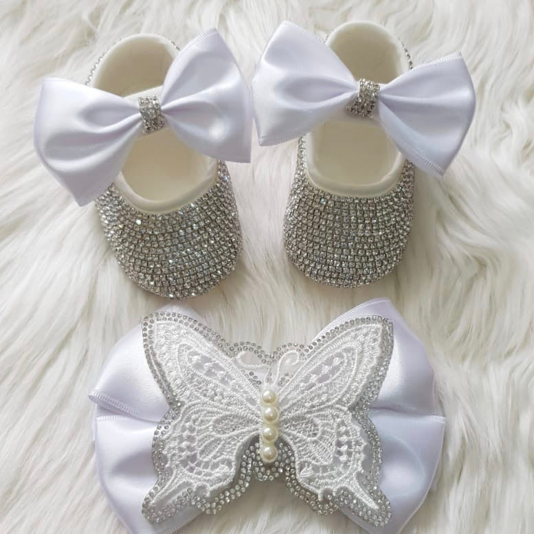 Butterfly Pearl Crystals Babydoll Shoes and Headband