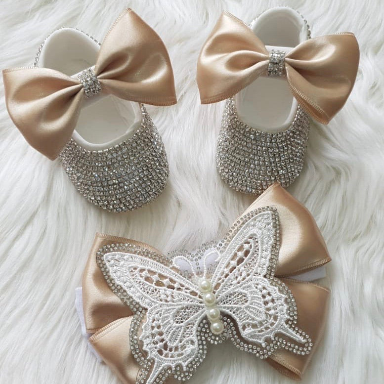 Butterfly Pearl Crystals Babydoll Shoes and Headband