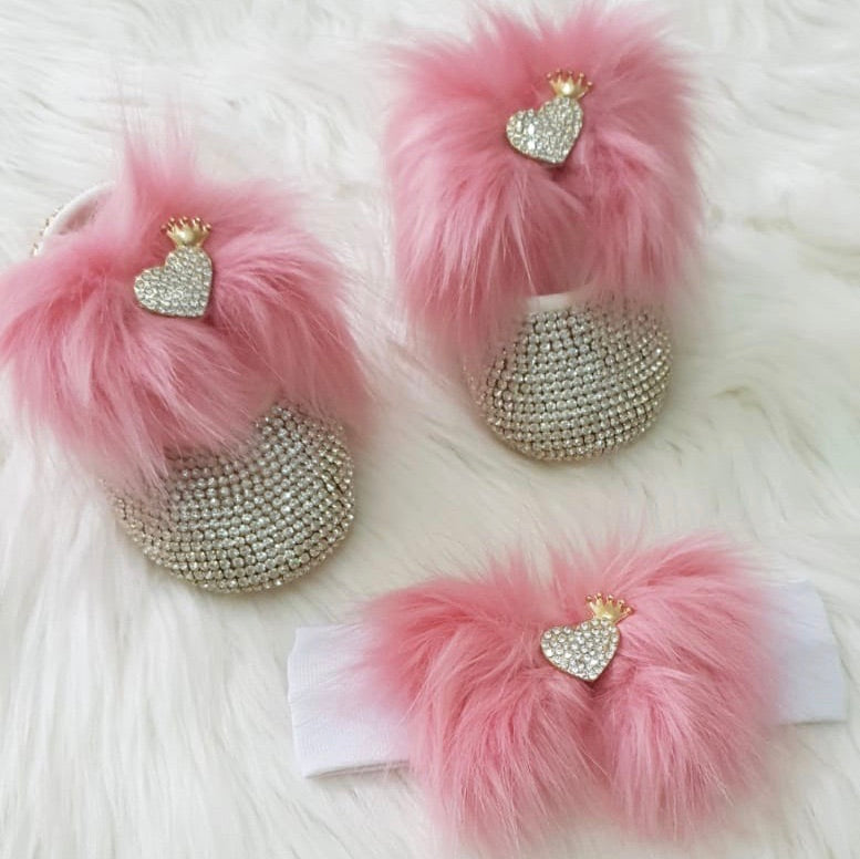 Crystal Heart Faux Fur Babydoll Shoes and Headband