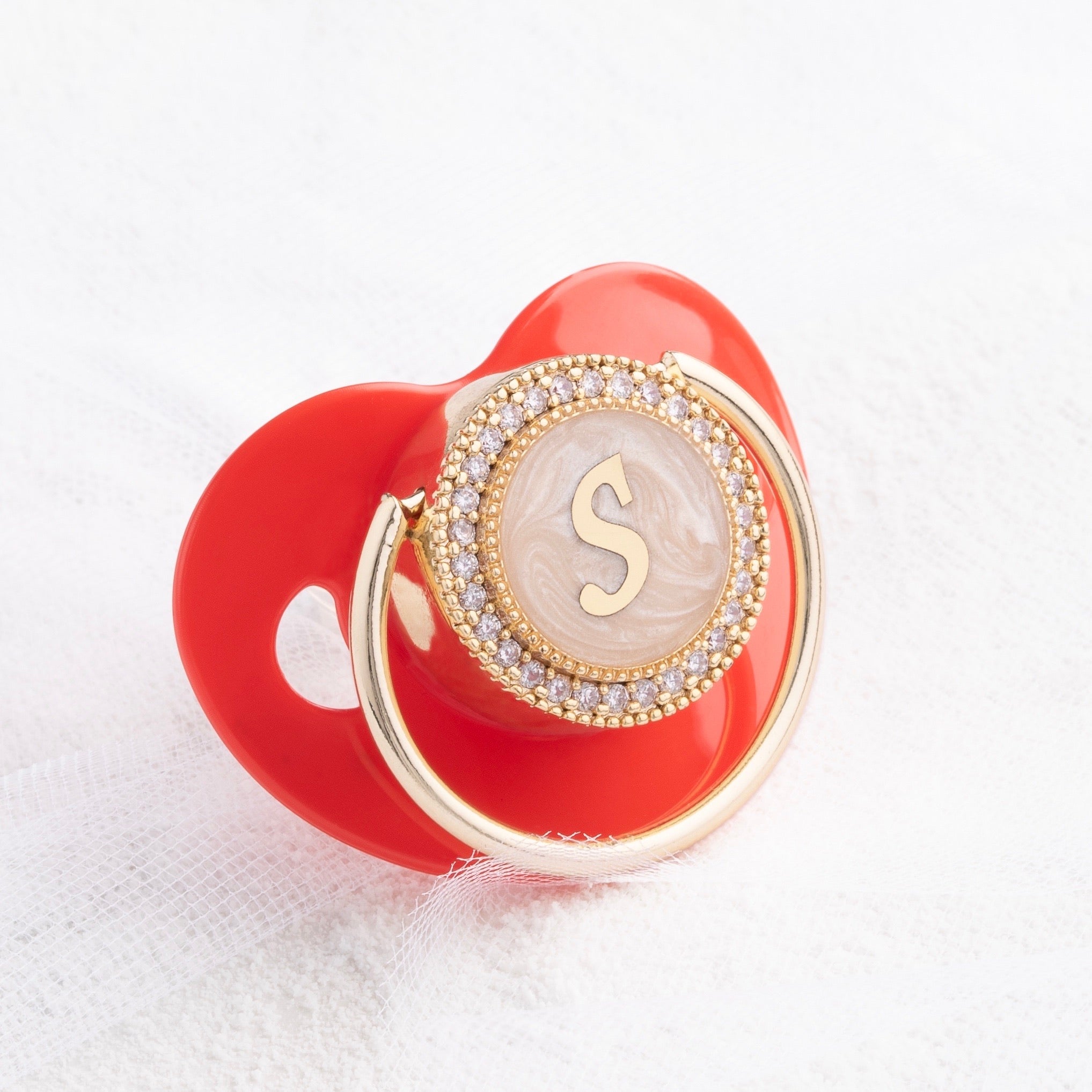 Holiday Edition Initial Pearl Crystal Pacifier in Red