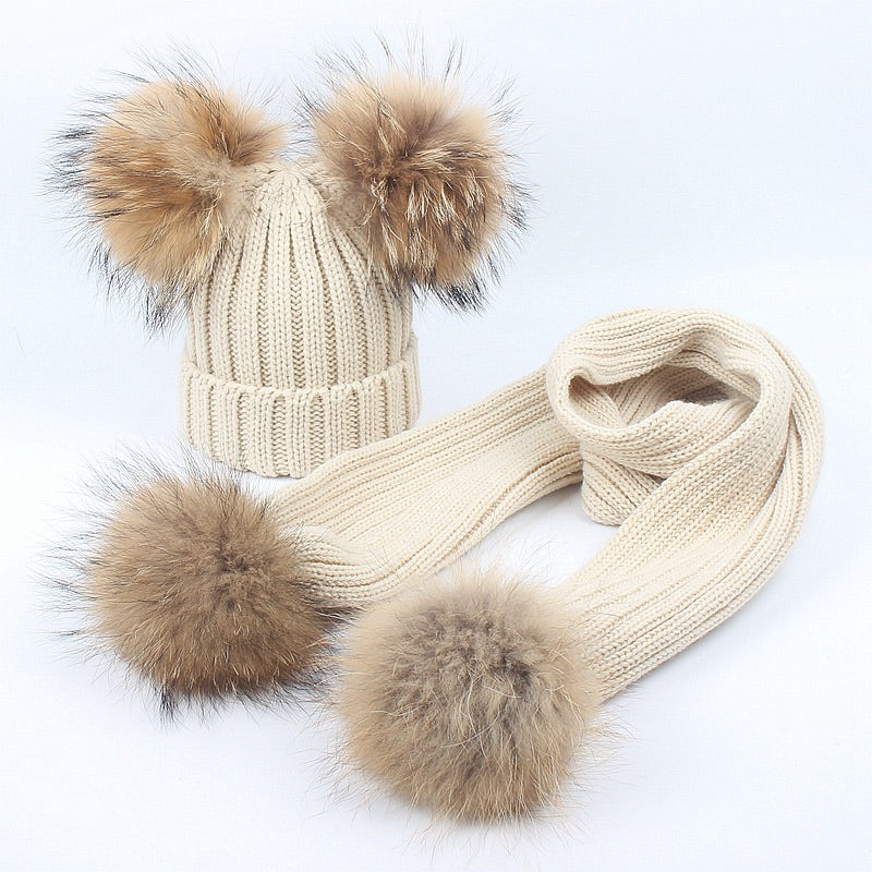 Knitted Double Pom Pom Hat & Scarf